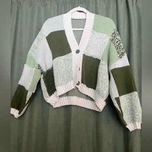 SHEIN Patchwork Green and Cream Women's Sweater